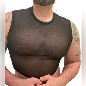 Mens Crop Top Shirt Sheer Mesh Black Large Club Rave New Stretch Muscle